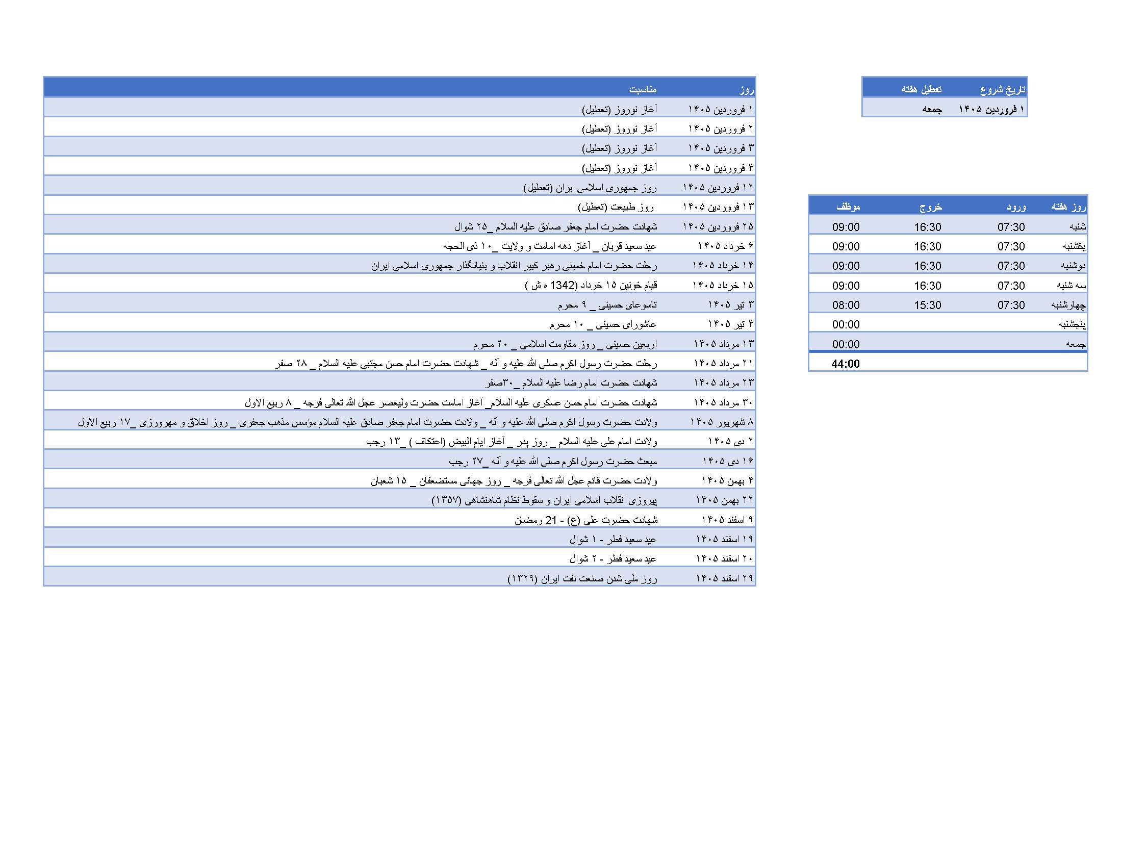 قالب آماده اکسل تایمشیت و محاسبه کارکرد پرسنل با تقویم سال ۱۴۰۵ قالب آماده اکسل تایمشیت و محاسبه کارکرد پرسنل با تقویم سال ۱۴۰۵